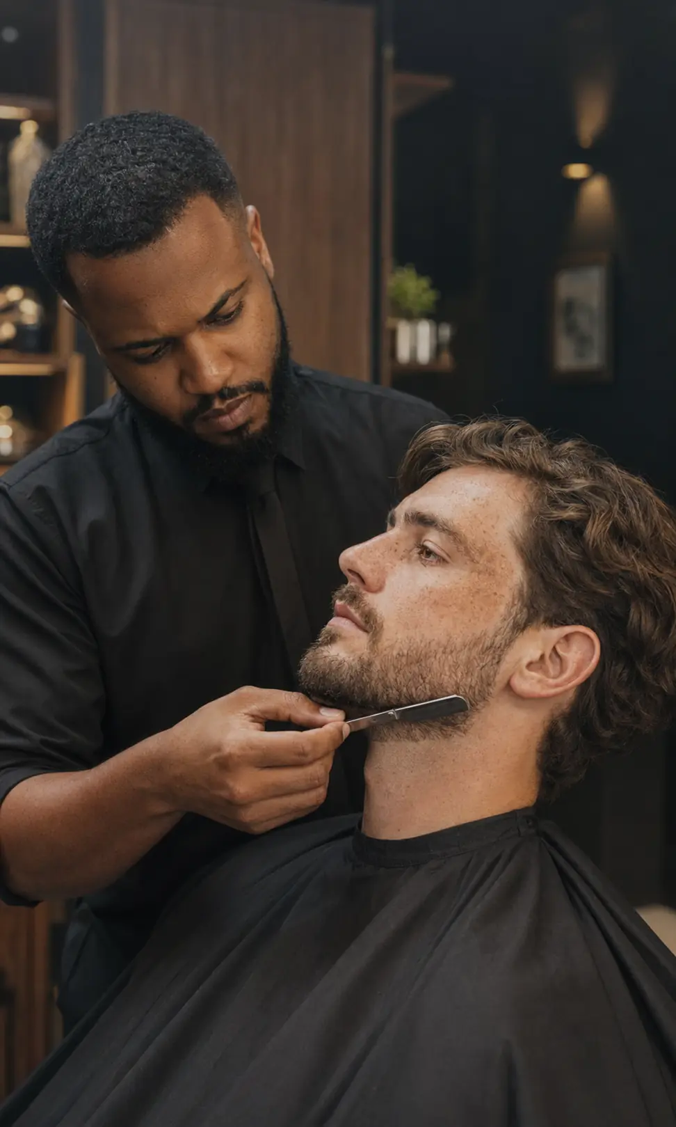 Barbeiro realizando acabamento de barba em ambiente premium